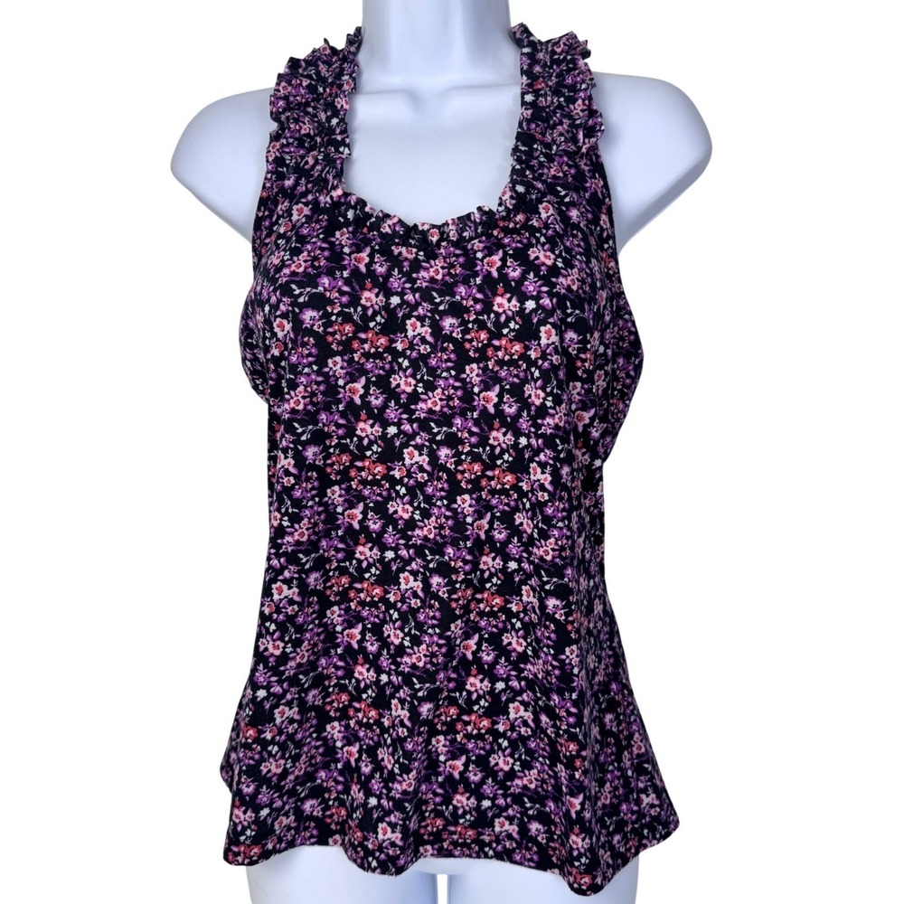 Self Esteem Floral Halter Tank Top Women Large‎ Black Purple Ruffle Back Bow